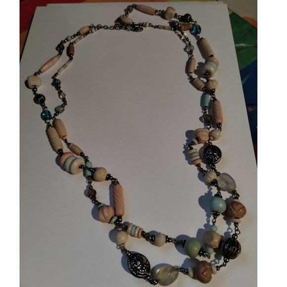 Gypsy Boho Bohemian Beaded Stones Double Strand Beach Silver Tone Necklace - Picture 1 of 5